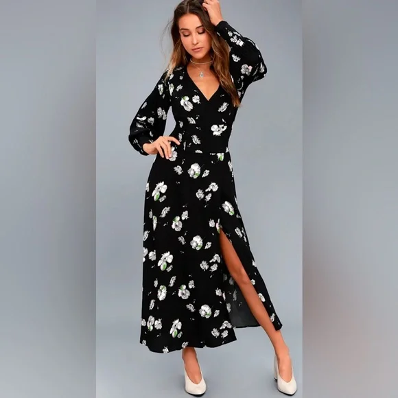 Free People So Sweetly Floral Black Midi Dress with Slit - Picture 1 of 8
